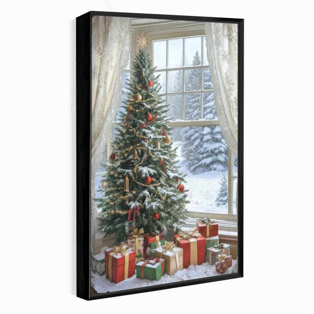 Tablou canvas cu tablou canvas cu brad de craciun si cadouri, in rama de aluminiu negru